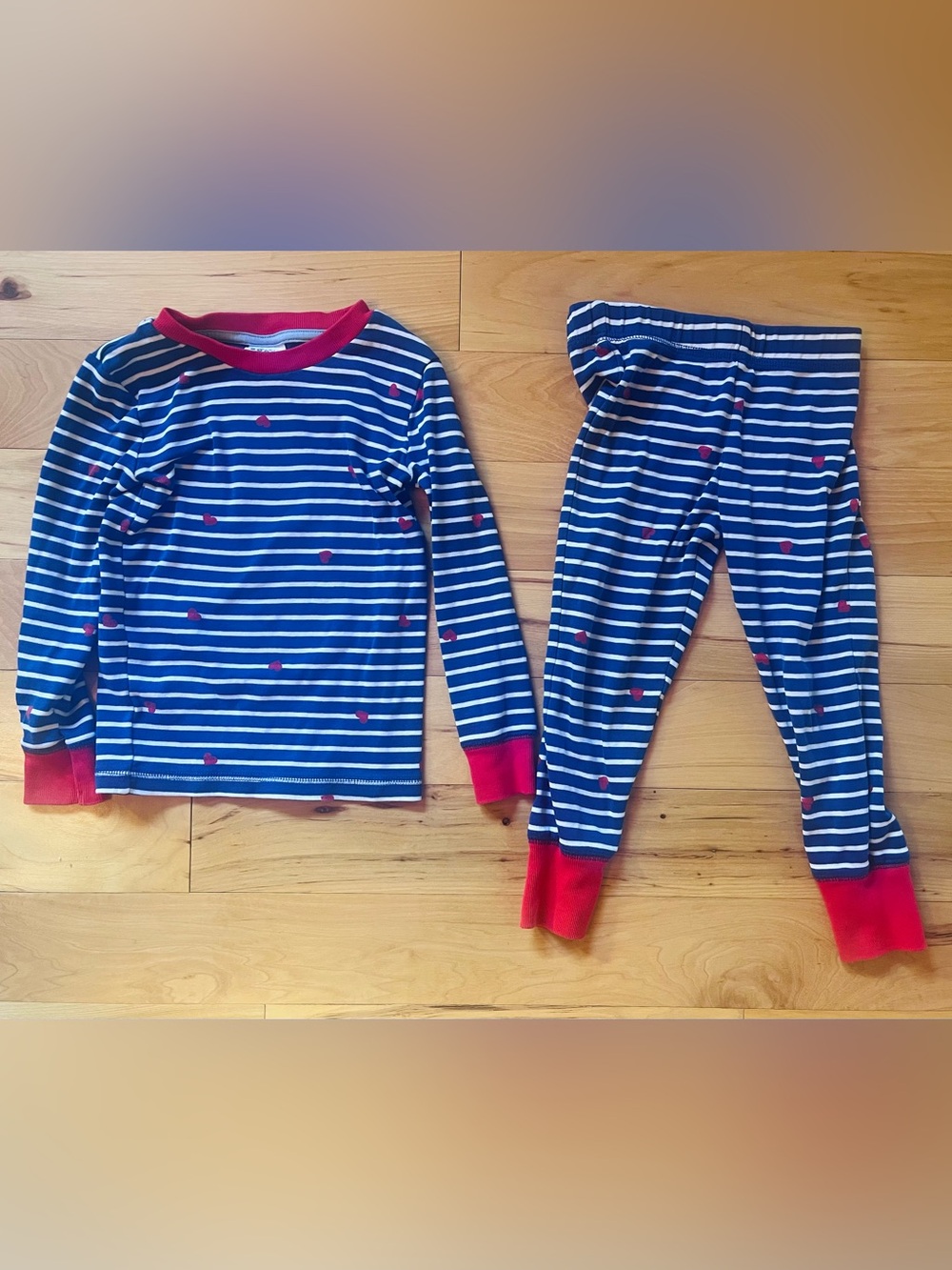 Mini Boden Snug Long John Pajamas Navy Breton with Tiny Hearts 3Y